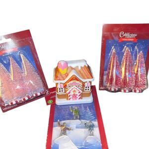 Nwt Christmas village miniatures and bottle brush peppermint trees